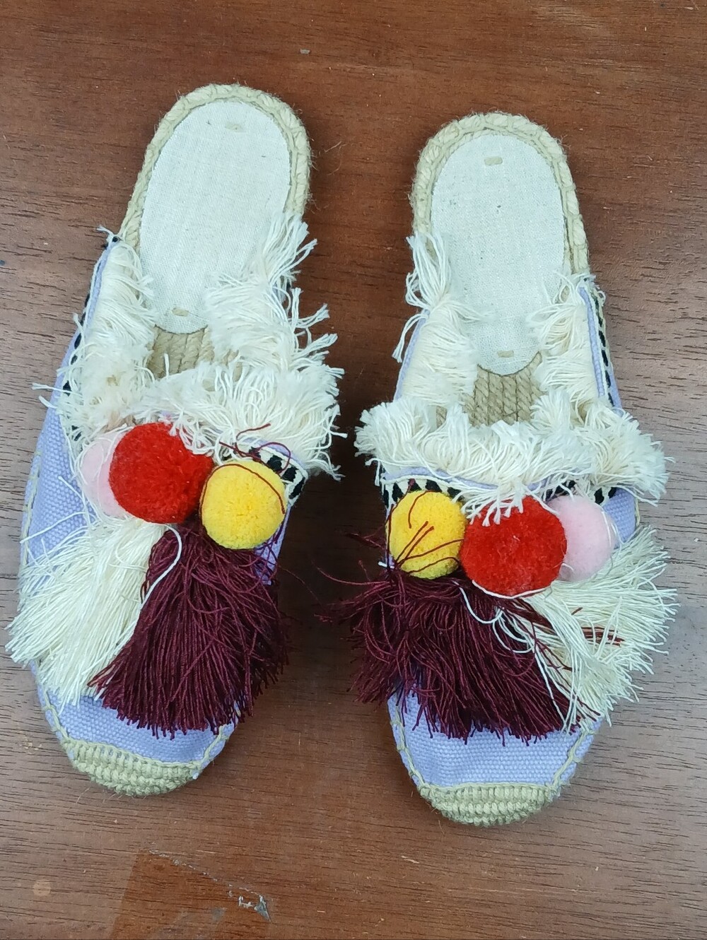 Lavender Canvas Pompom Tassel Boho Fringe Espadrille Slide Sandals Size US 5